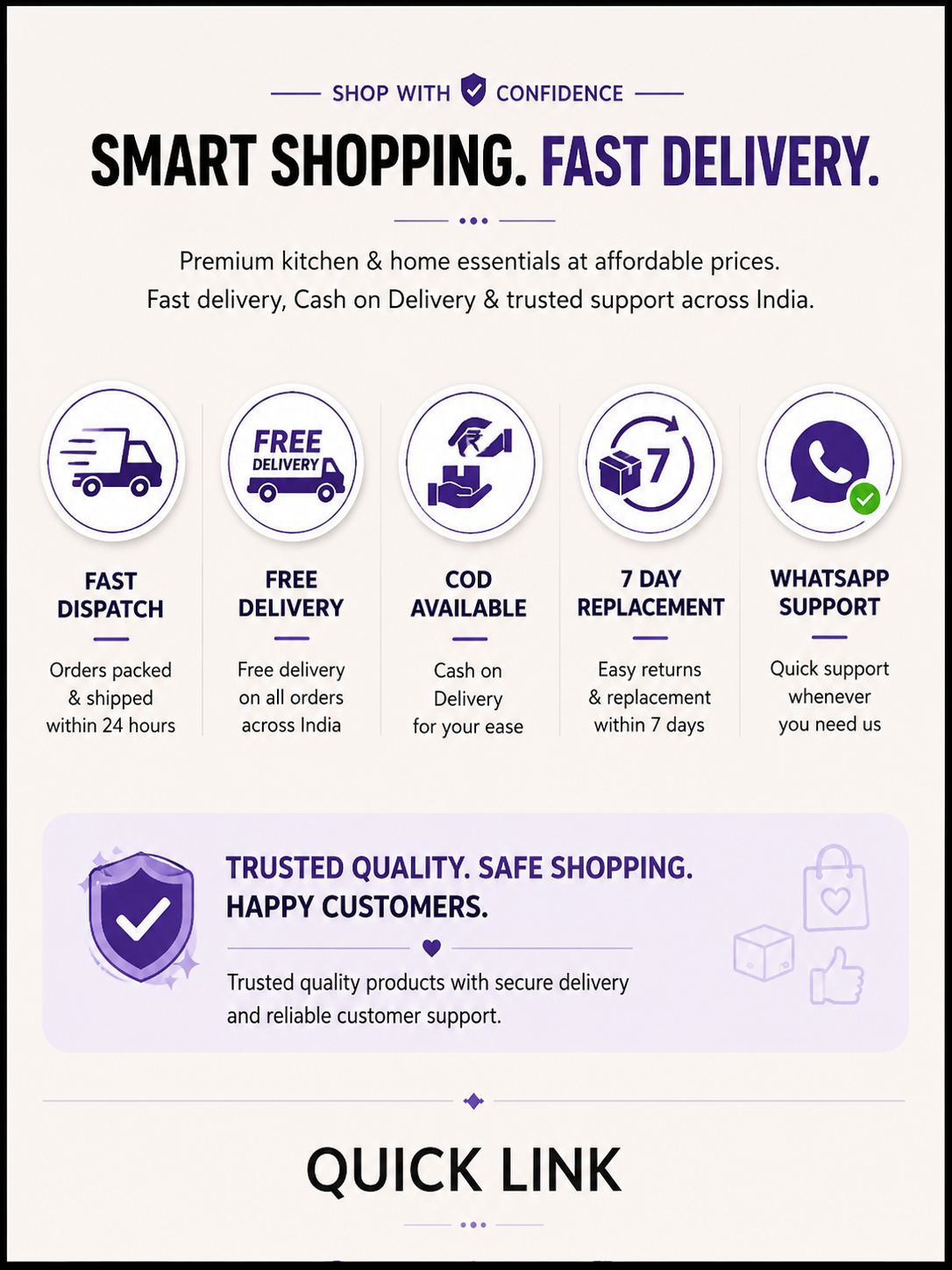 Promotional graphic for a shopping platform with icons and text about fast delivery, free delivery, COD availability, and other services.