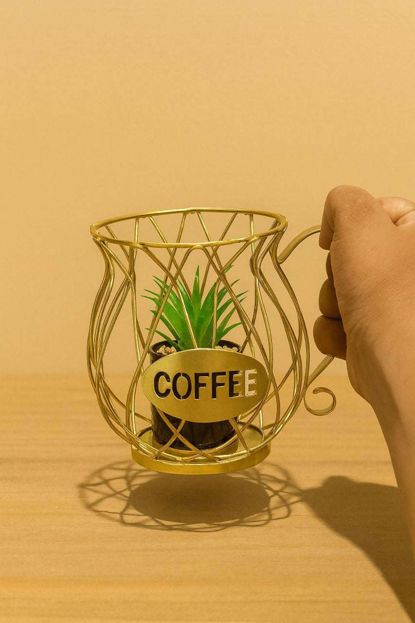 Coffee Cup Metal Planter Holder Tabletop Plant Pot Stand