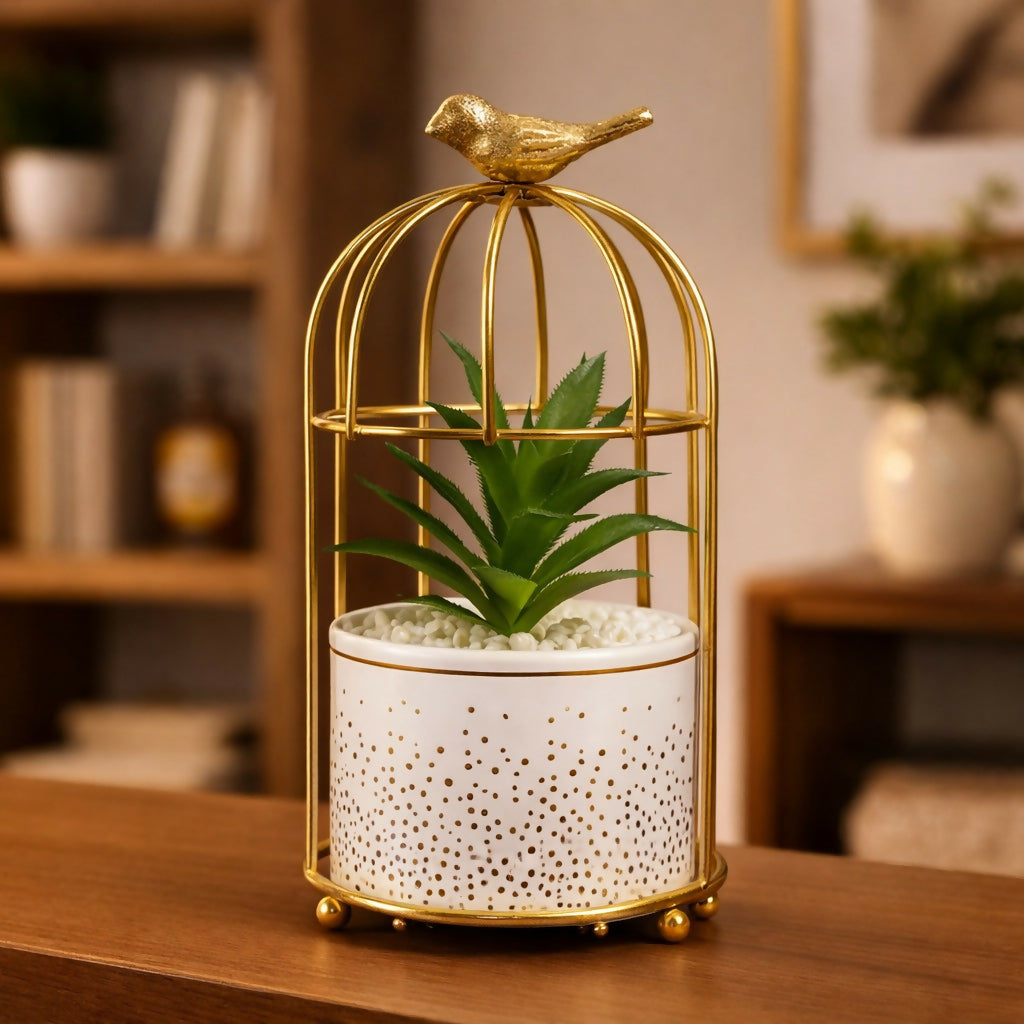Golden Bird Cage Tabletop Planter With Pot(Color May Vary)