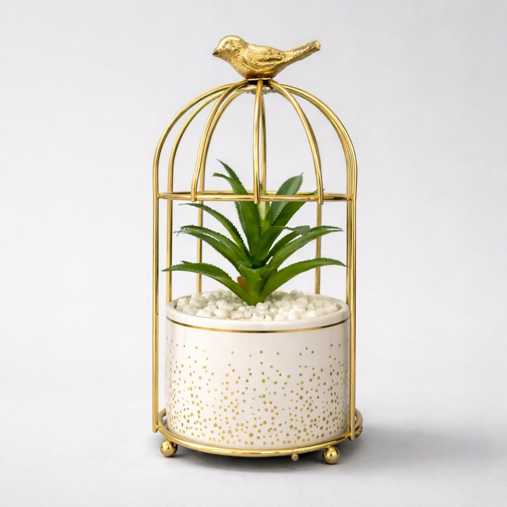 Golden Bird Cage Tabletop Planter With Pot(Color May Vary)