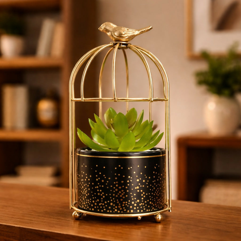 Golden Bird Cage Tabletop Planter With Pot(Color May Vary)