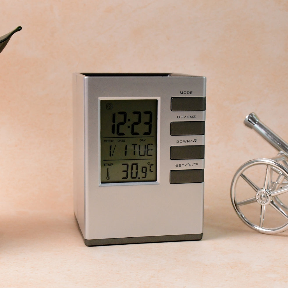 Multifunction Cube Digital Desk Clock With Pen Holder