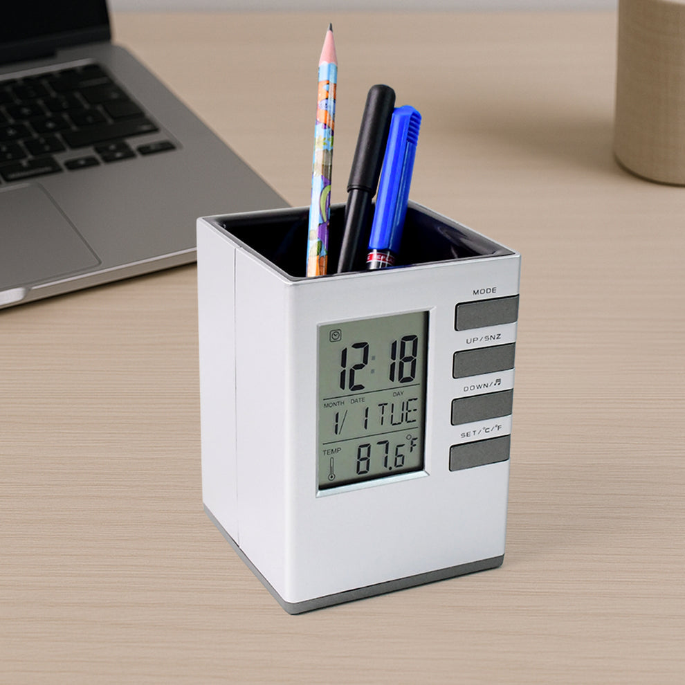 Multifunction Cube Digital Desk Clock With Pen Holder