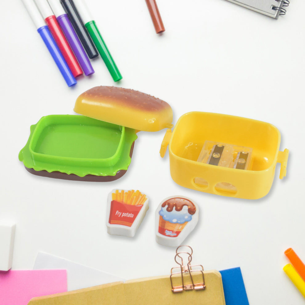 Burger Shape Small Size Double Hole Sharpener With Eraser (1 Set)