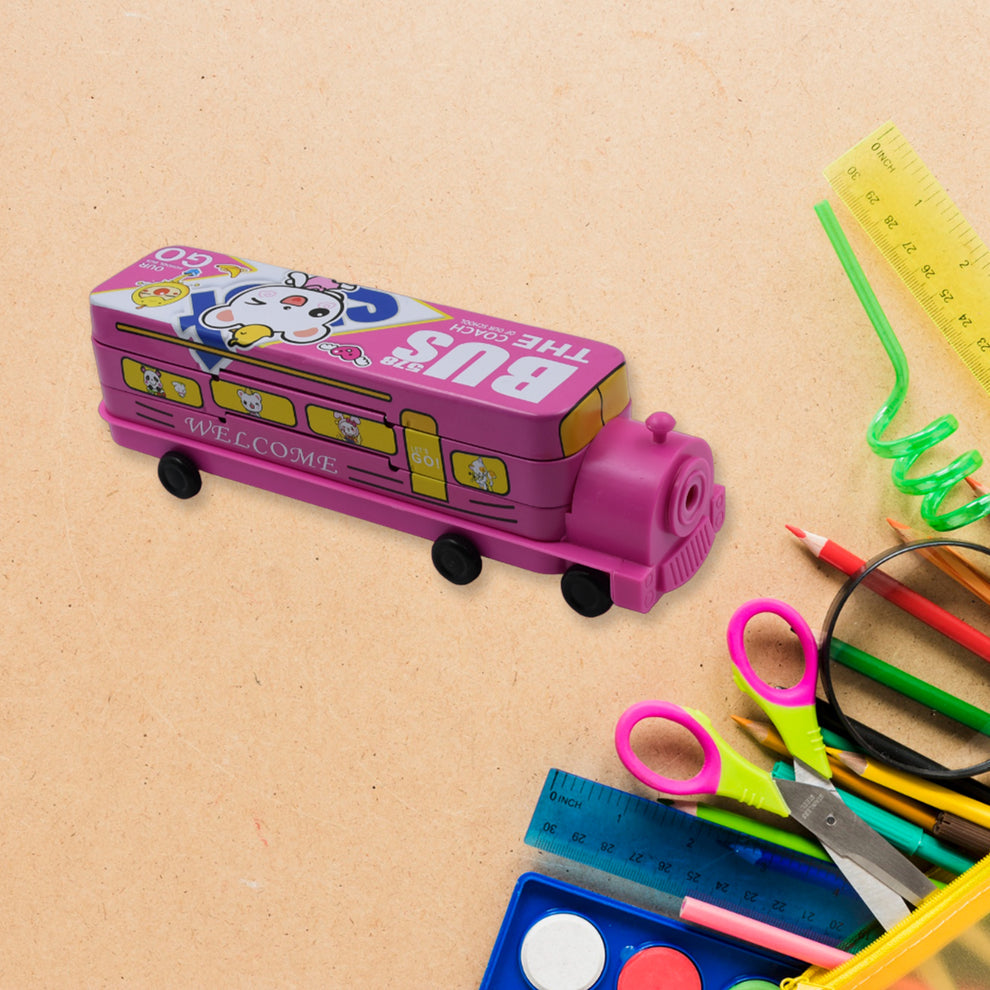 Double Decker Metal Bus Compass Case – 2-Layer Movable Wheels & Sharpener For Kids