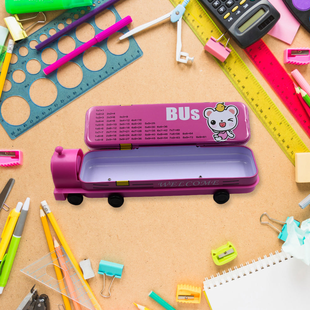 Double Decker Metal Bus Compass Case – 2-Layer Movable Wheels & Sharpener For Kids