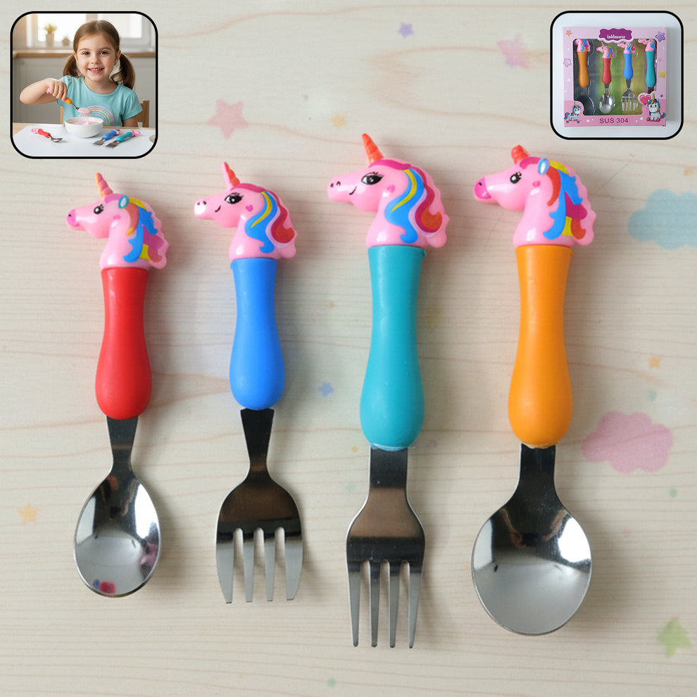 Unicorn Theme Kids Spoon And Fork With  Handle Set (4 Pc Set)