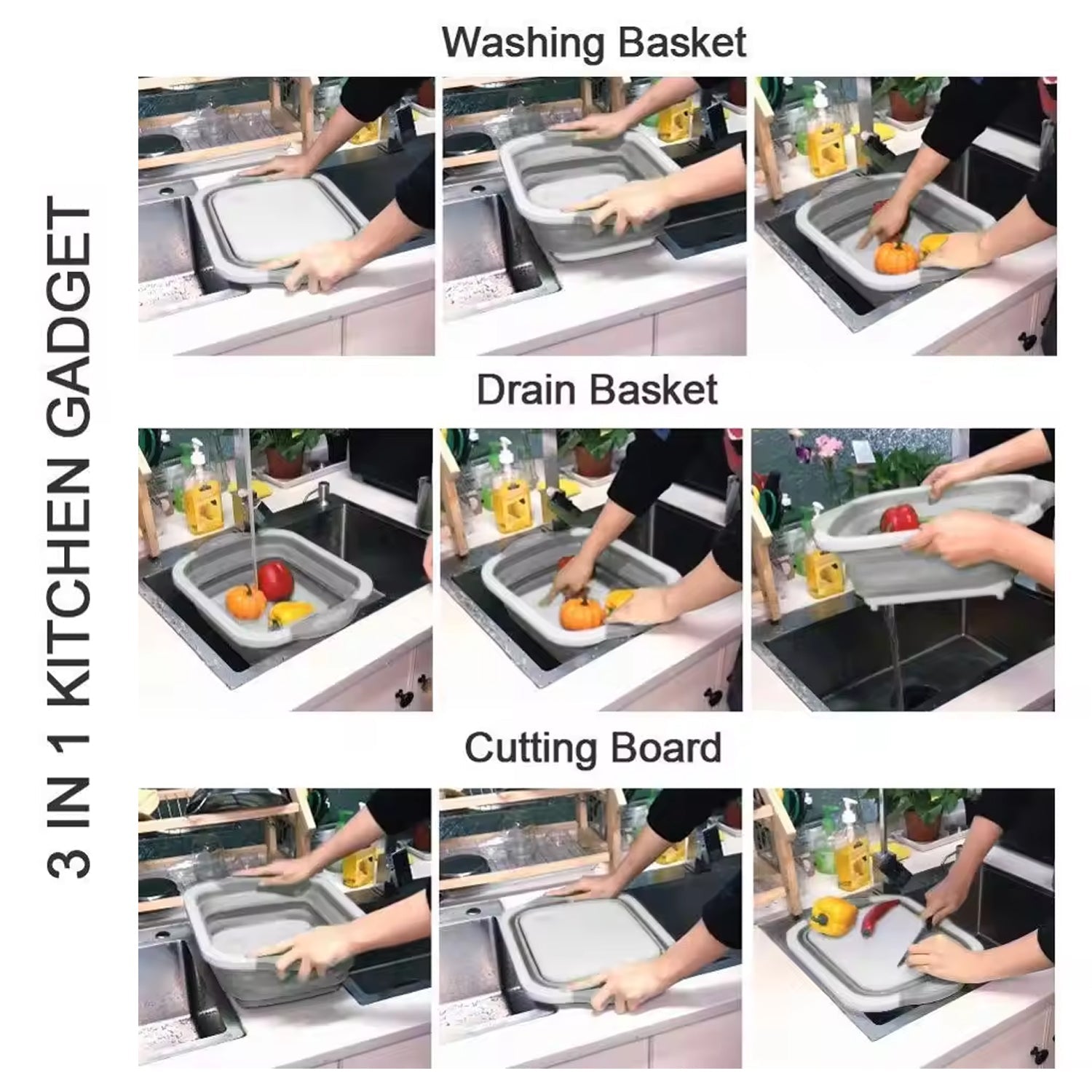 3 in 1 Collapsible Cutting Board With Dish Tub Basket , Kitchen products