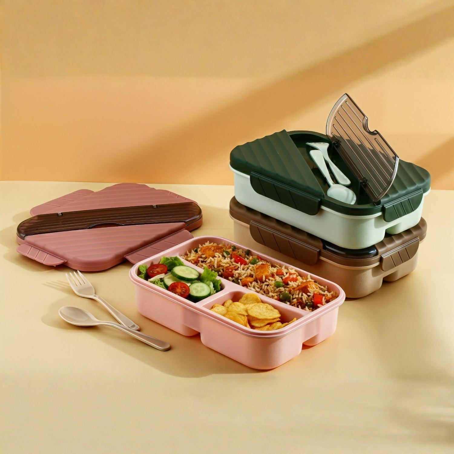3 Compartment Lunch Box With Spoon And Fork Space