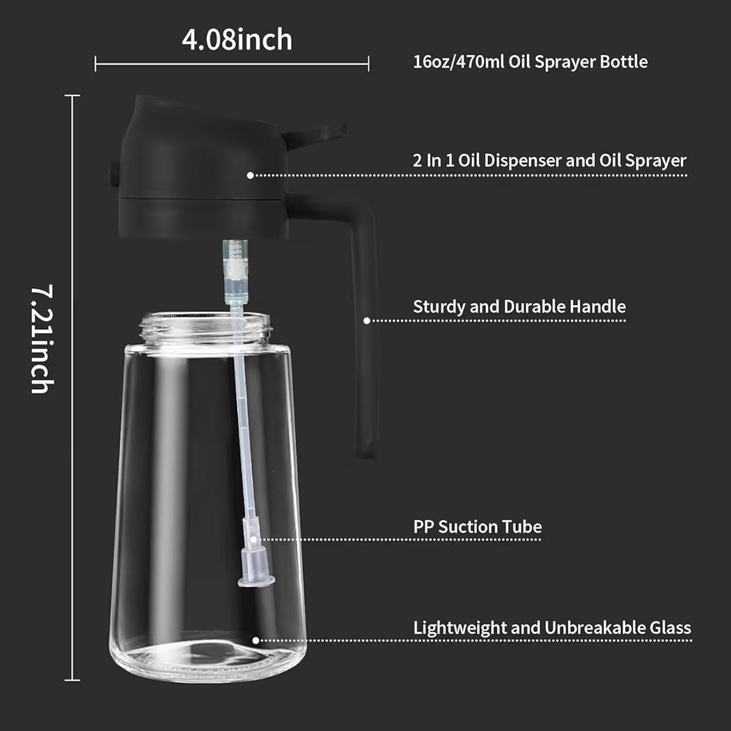 Glass Oil Sprayer and Dispenser Bottle, 500ml Capacity, 2-in-1 Design, Black