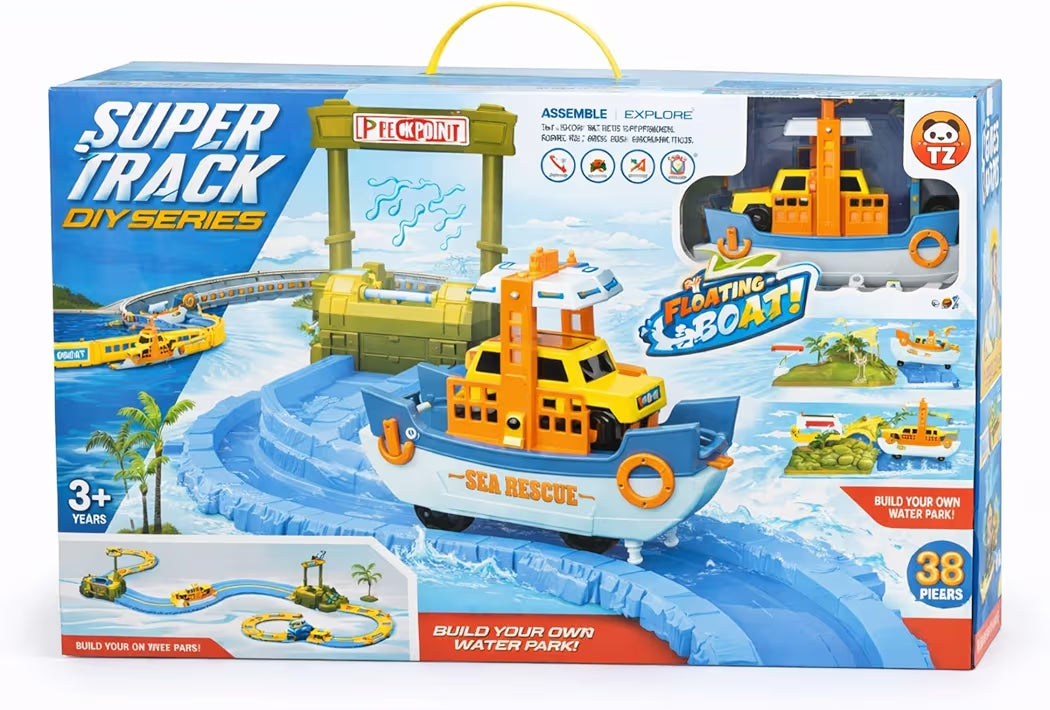 Super Boat Track Set Toy (38 Pieces) | DIY Water Track Building Kit for Kids